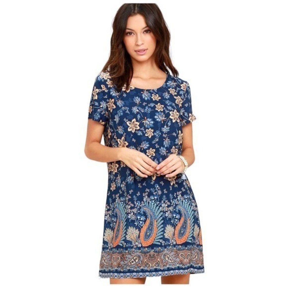 Lulus Womens A‎ Place For Us Navy Blue Floral Print Shift Dress Medium